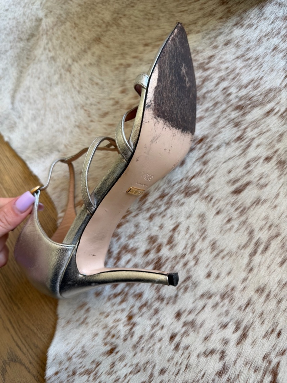 Gucci Metallic Silver T-Strap Pointed Heels with Red Heart Accent - Picture 8 of 8